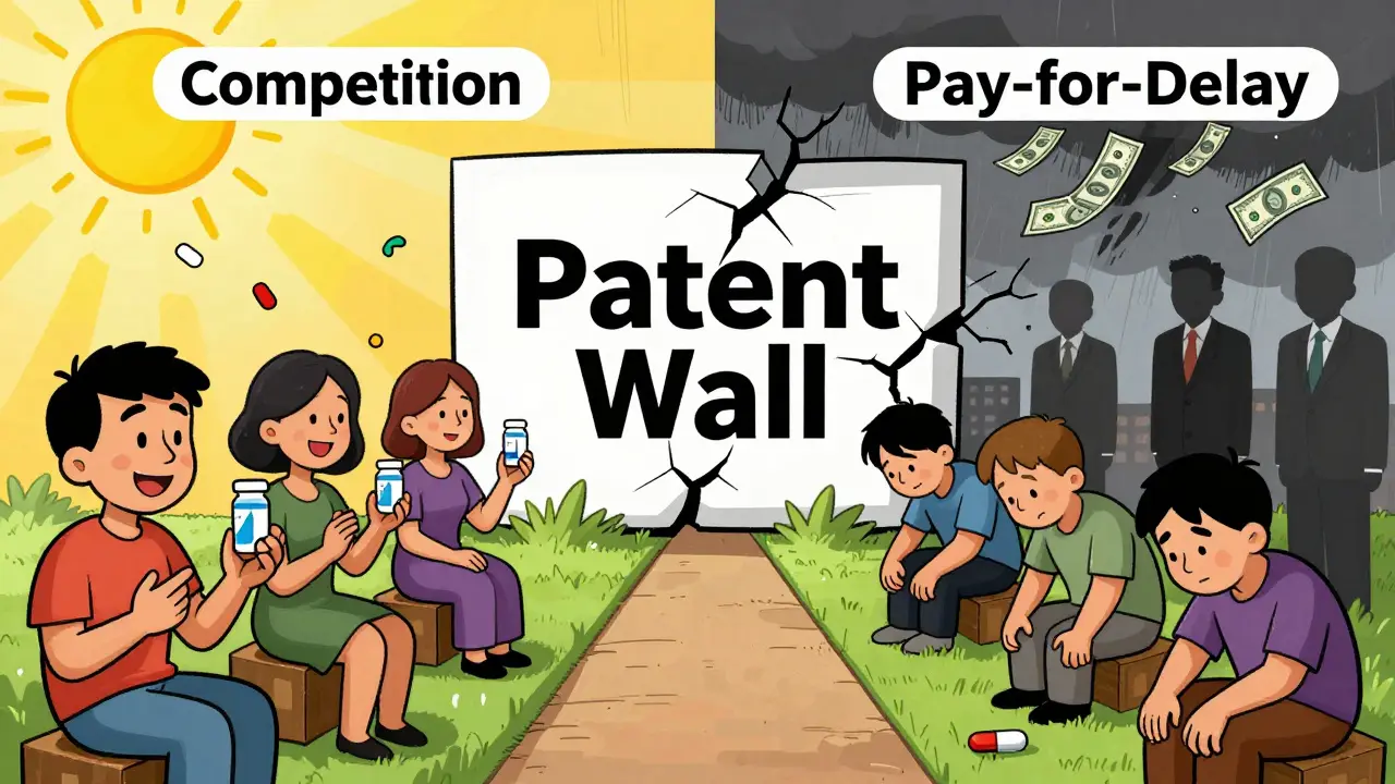 Zwei Seiten eines Marktes: eine mit erschwinglichen Generika und Sonnenschein, die andere mit hohen Preisen und dunklen Wolken.