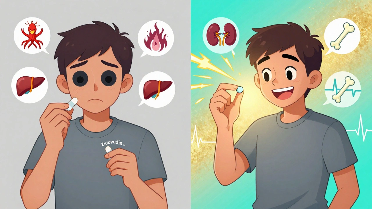 Zwei Seiten eines Patienten: links mit Müdigkeit und Nebenwirkungen, rechts mit Energie und einer einzigen Tablette.