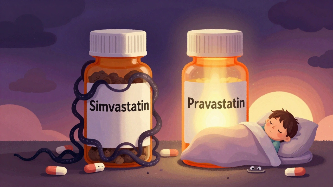Zwei Statin-Tabletten, eine verursacht dunkle Traumfäden, die andere strahlt beruhigendes Licht auf einen schlafenden Menschen.