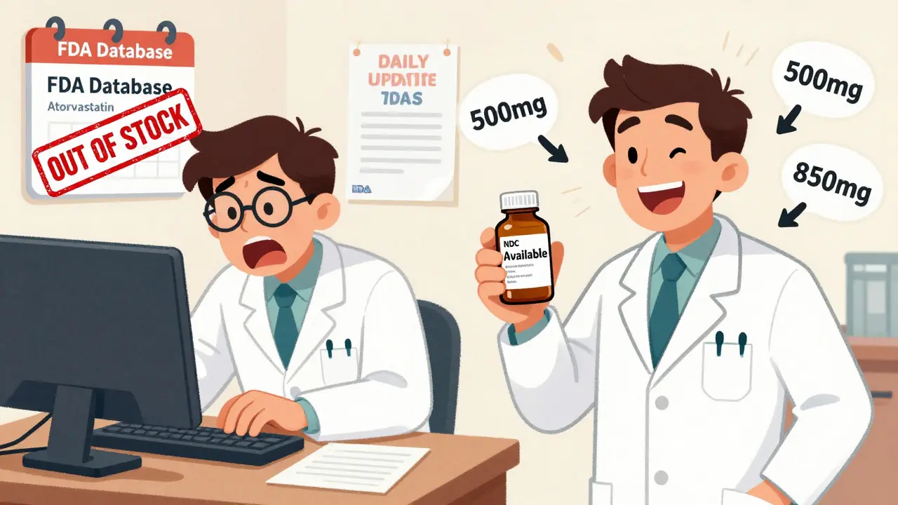 Apotheker vergleicht zwei Medikamentenflaschen mit unterschiedlichen NDC-Codes, eine rot markiert, eine grün.