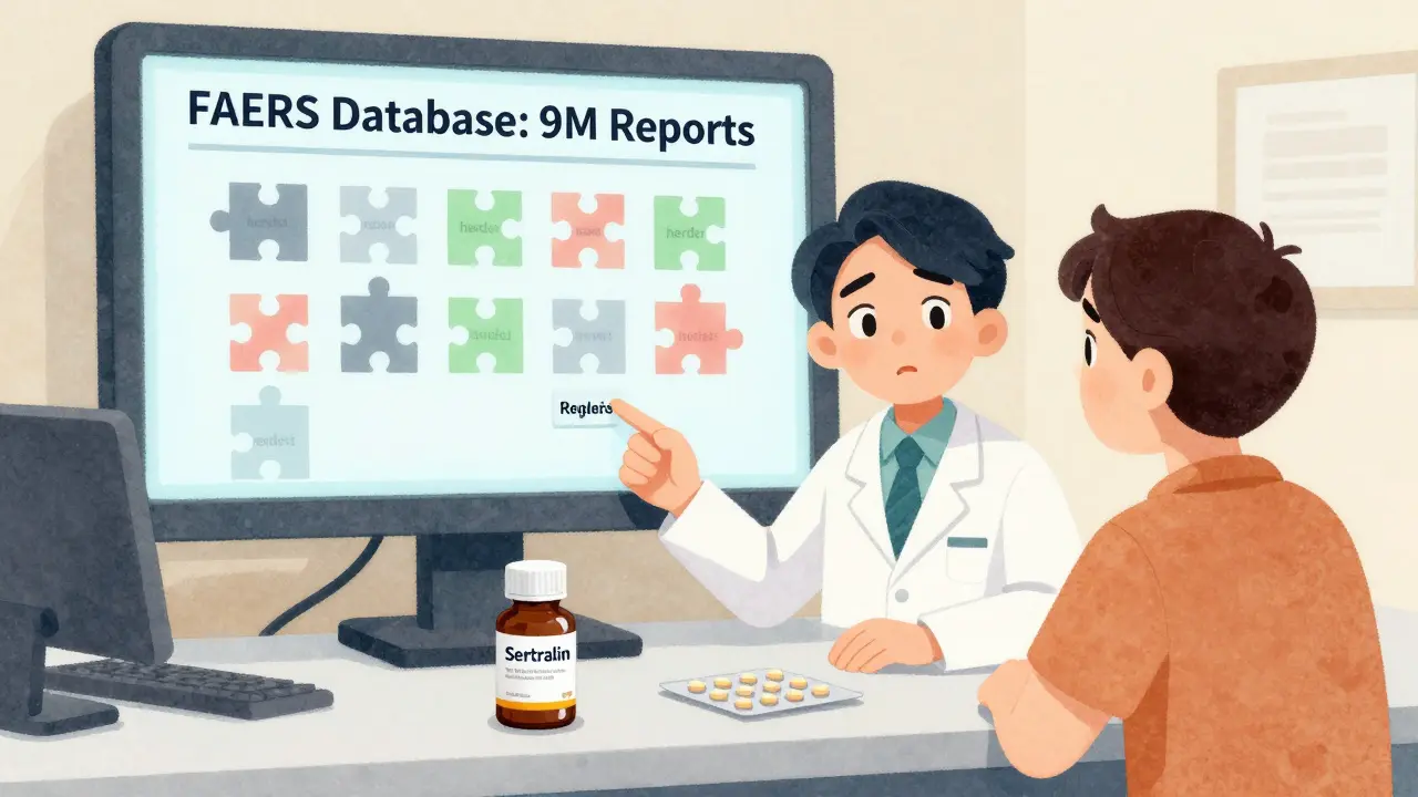 Apotheker zeigt einem Patienten den Herstellernamen auf einer Pillenpackung.