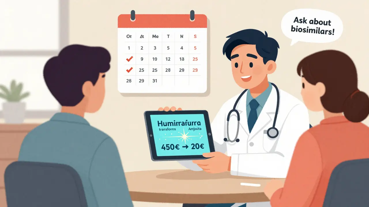 Arzt und Patient besprechen einen Wechsel von Humira zu einem günstigeren Biosimilar auf einem Tablet.