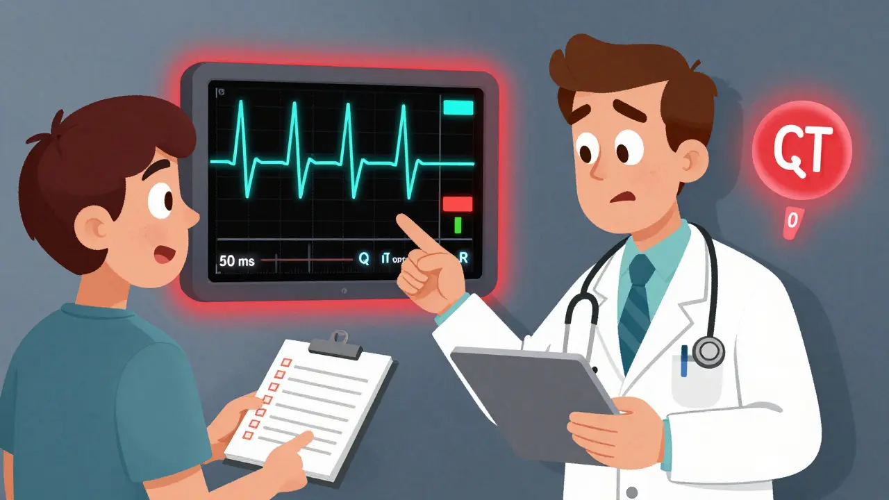 Arzt zeigt EKG mit verlängertem QT-Intervall, Patient hält Medikamentenliste, Warnlicht leuchtet.