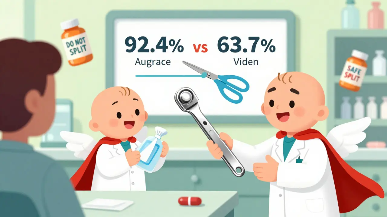 Ein Apotheker übergibt einem Patienten einen professionellen Pillensplitter, begleitet von einem Sicherheitsengel.