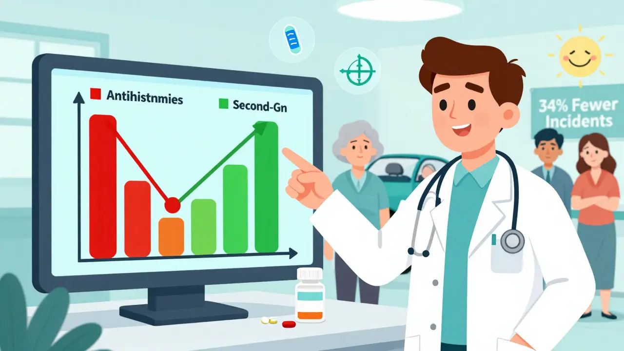 Ein Apotheker zeigt eine Grafik, wie sichere Antihistaminika die gefährlichen ersetzen.