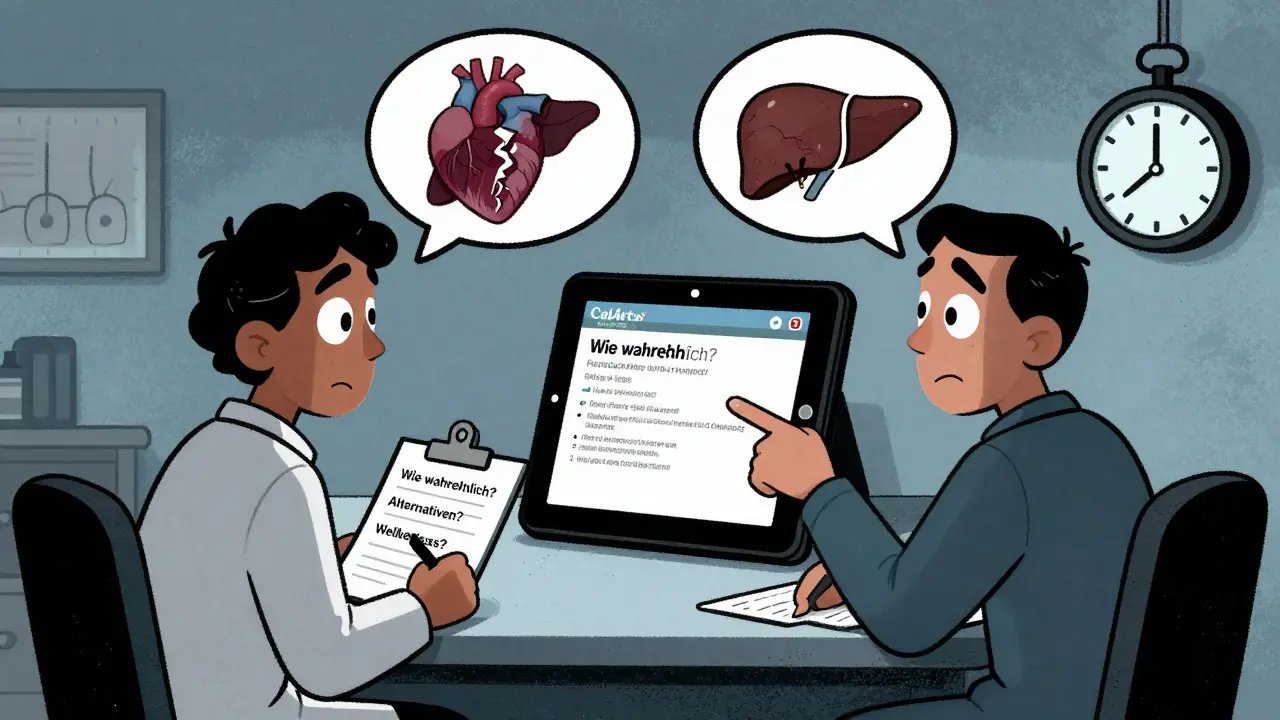 Ein Arzt und Patient diskutieren eine Schwarze Box-Warnung auf einem Tablet mit gestischen Gedankenblasen.