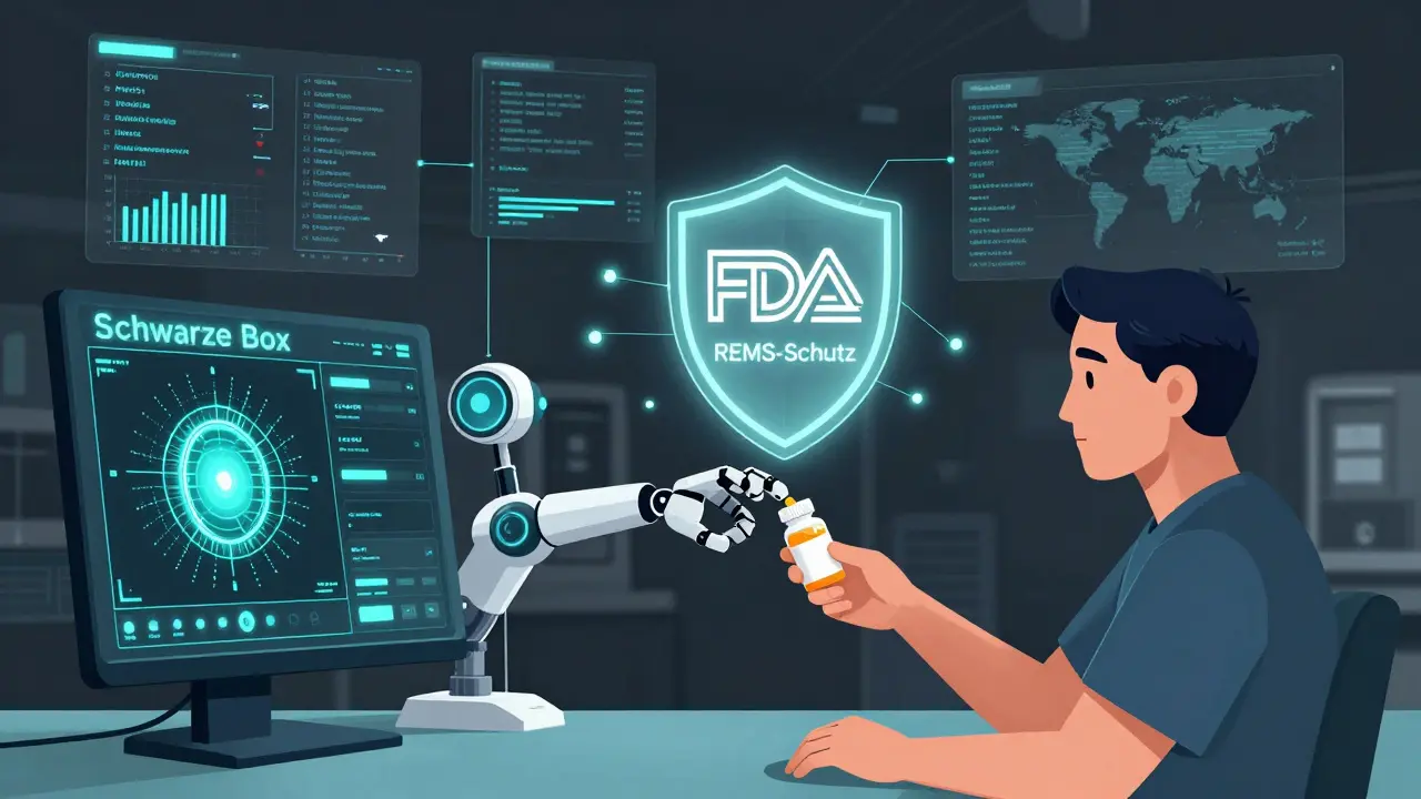 Ein digitales Gesundheitsdashboard zeigt genetische Warnungen und REMS-Schutzsysteme in cartoonhaftem Stil.