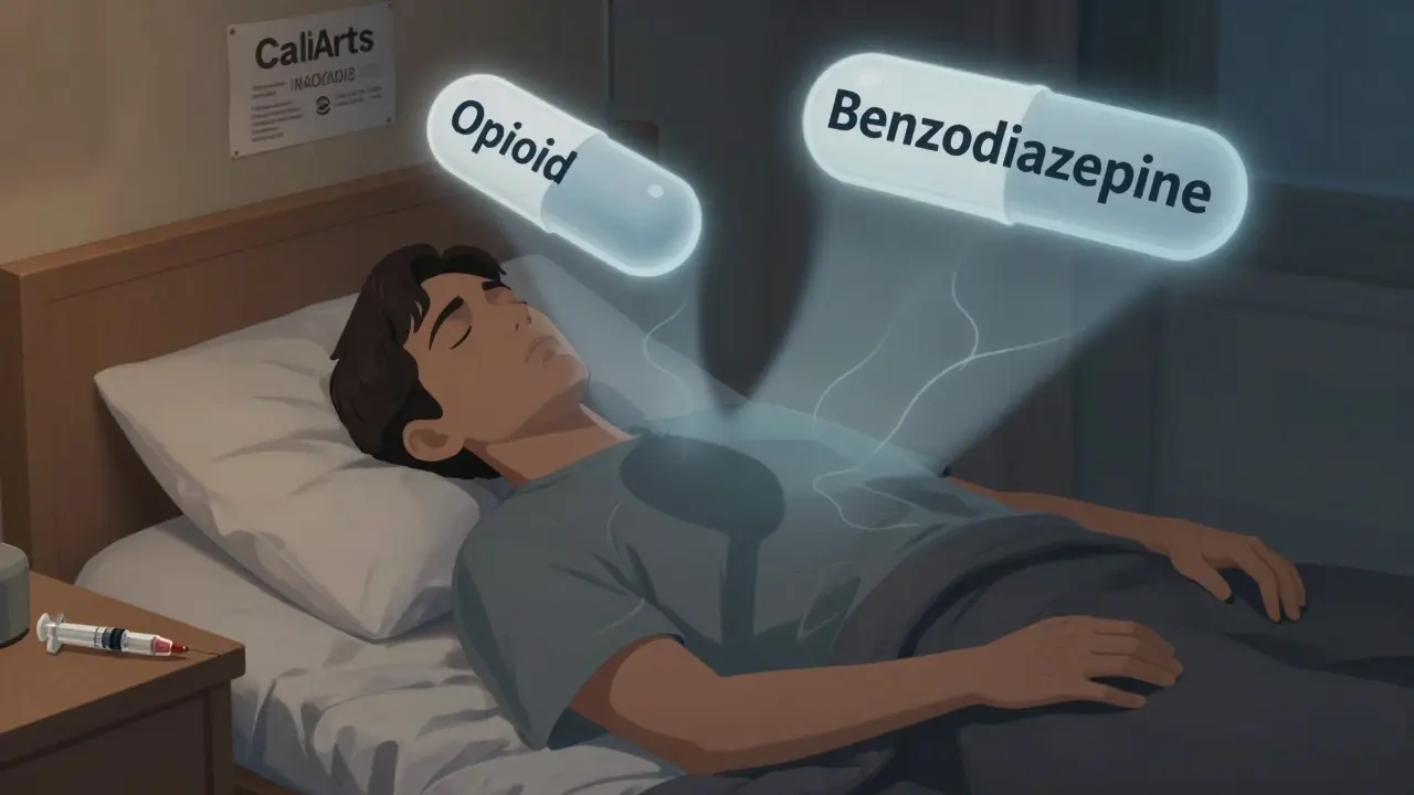 Ein Patient im Bett, dessen Atem von zwei Pillen-Schatten erstickt wird, in cartoonhafter Illustration.