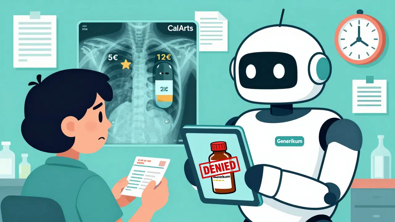 Ein Patient mit abgelehntem Generikum, während zwei Pillen mit unterschiedlichen Preisen verglichen werden.