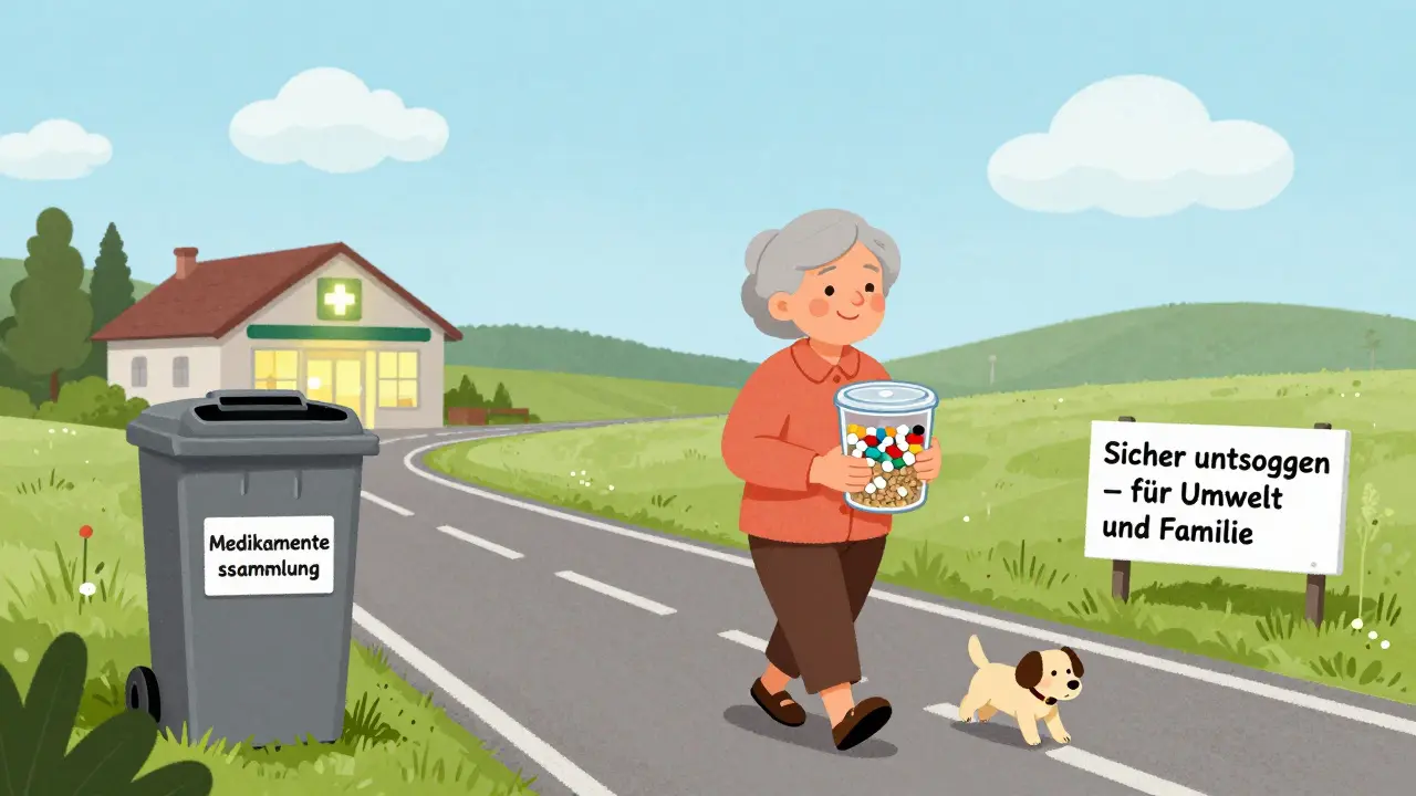 Eine ältere Frau bringt verschlossene Medikamente zu einer Sammelstelle in einer deutschen Gemeinde.
