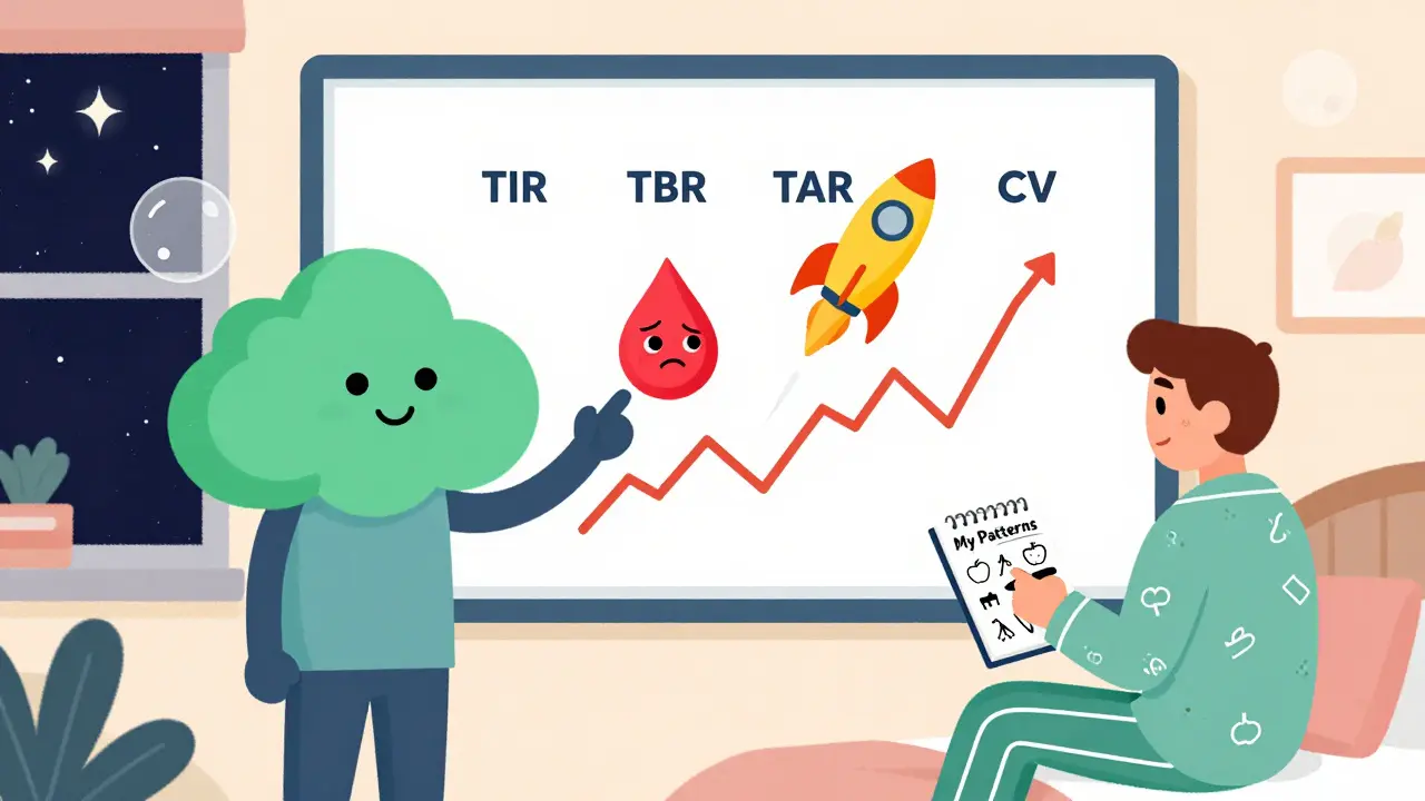Eine Diabetes-Beraterin erklärt Blutzucker-Messwerte als freundliche Charaktere an einer Wandtafel.