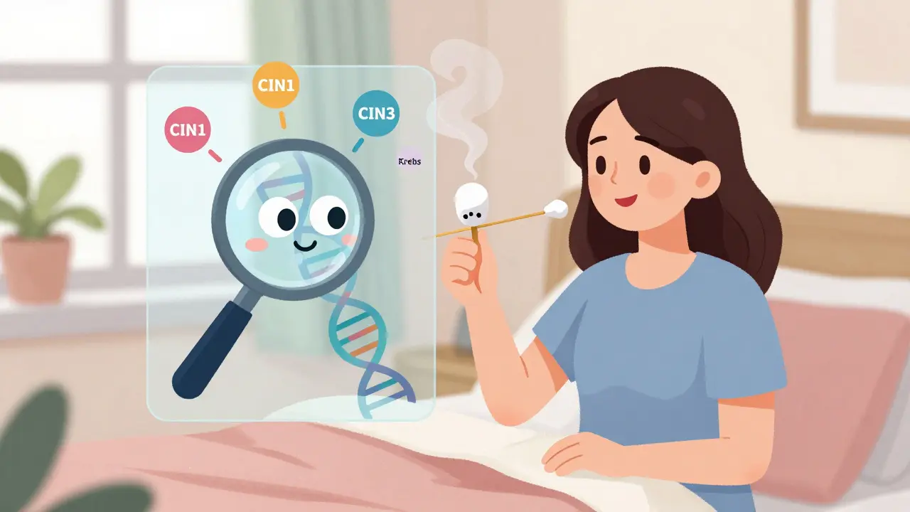 Eine Frau führt zu Hause einen Selbstabstrich durch, während HPV-DNA unsichtbar wird.
