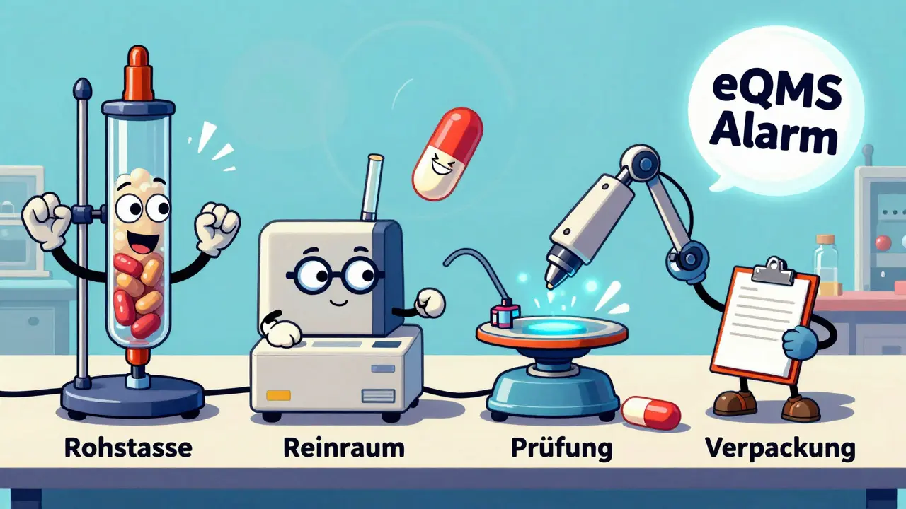 Freundliche, anthropomorphe Labormaschinen kontrollieren eine Medikamentenproduktionslinie in CalArts-Stil