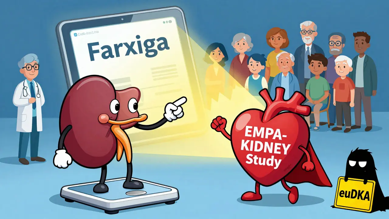 Freundliche Niere mit Armen hält eine Tablette, die Schutzstrahlen auf verschiedene Patienten richtet.