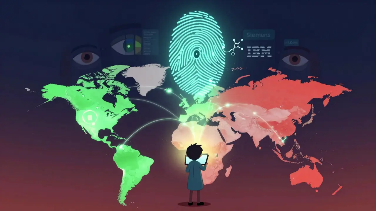 Globale Karte mit sicheren und unsicheren Regionen, verbunden durch digitale Sicherheitsnetze in Cartoon-Animation