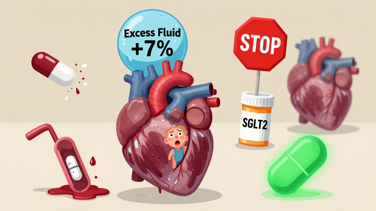 Herz unter einem Wasserballon aus Flüssigkeit, während Diuretika scheitern und ein gesünderes Medikament leuchtet.