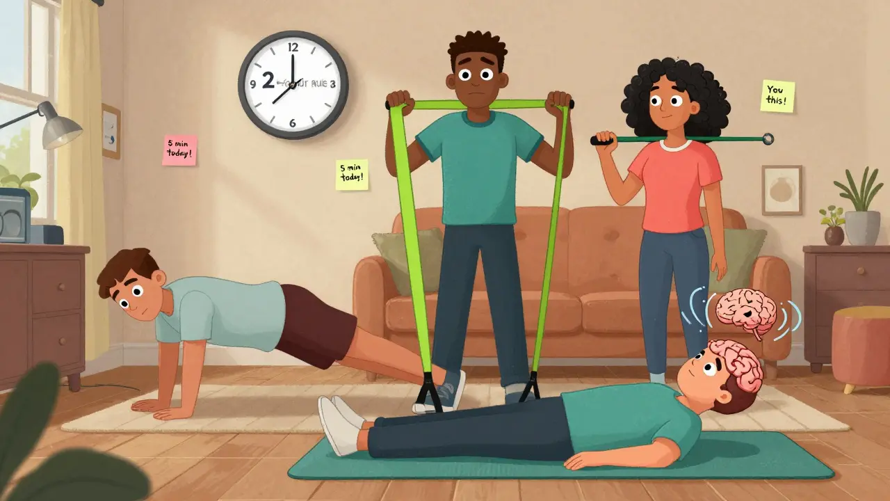 Mehrere Menschen machen einfache Übungen zu Hause mit Gummiband und Zeitmessung.