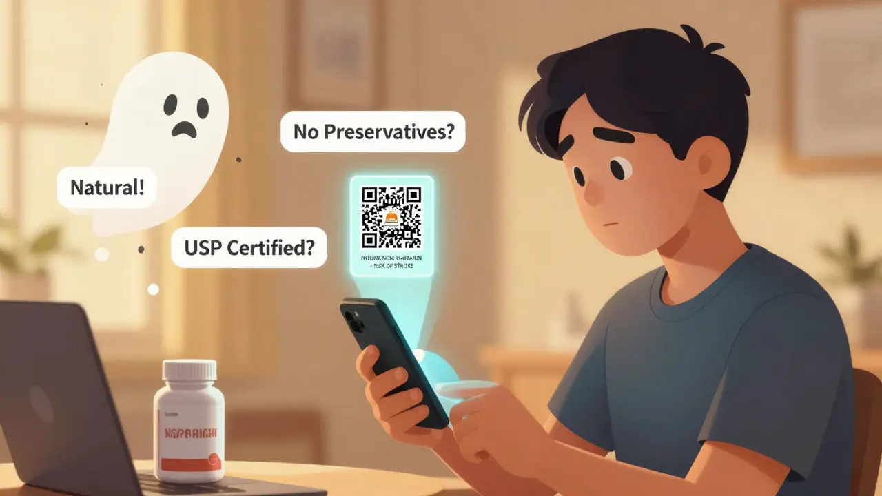 Mensch scannt Supplement mit Smartphone, holografische Warnung vor Wechselwirkung erscheint.