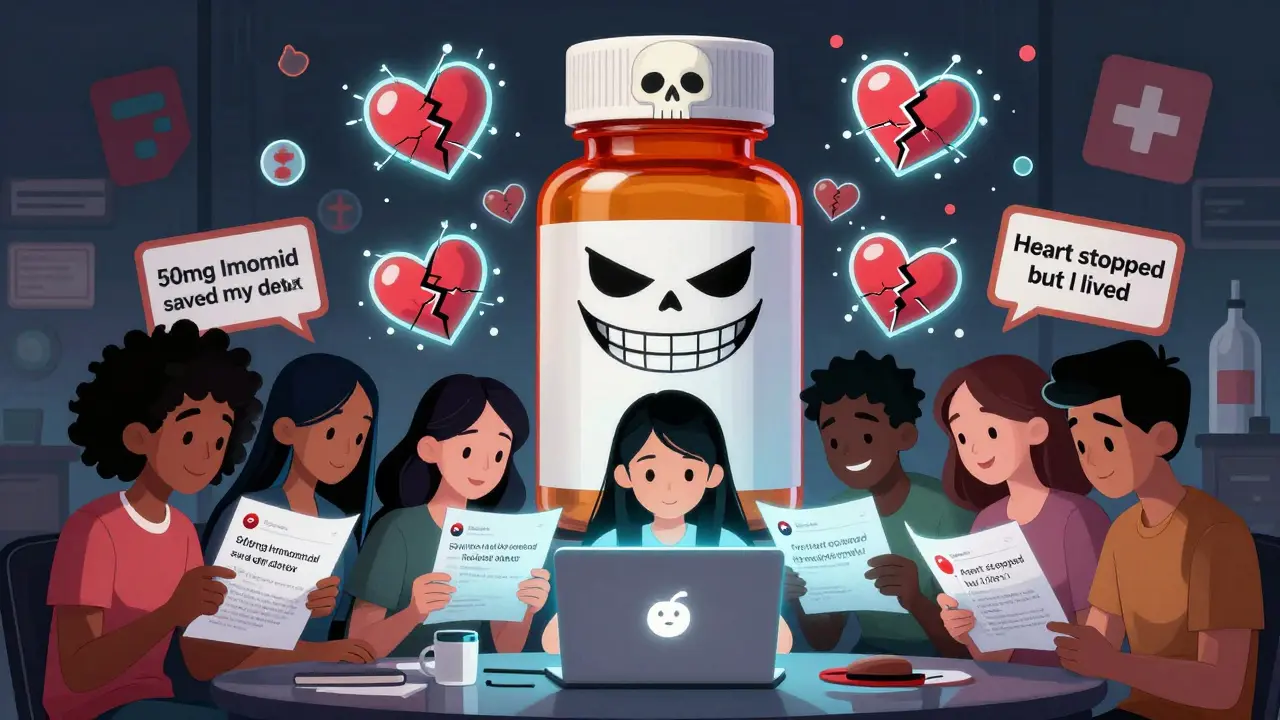 Menschen schauen auf Reddit-Posts über Imodium-Missbrauch, während eine böse Imodium-Flasche lächelt