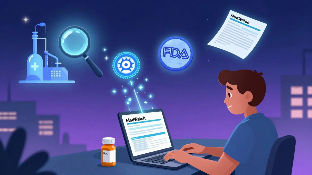 Patient füllt das MedWatch-Formular aus, daneben leuchtet eine Kette aus Sicherheitsupdates.