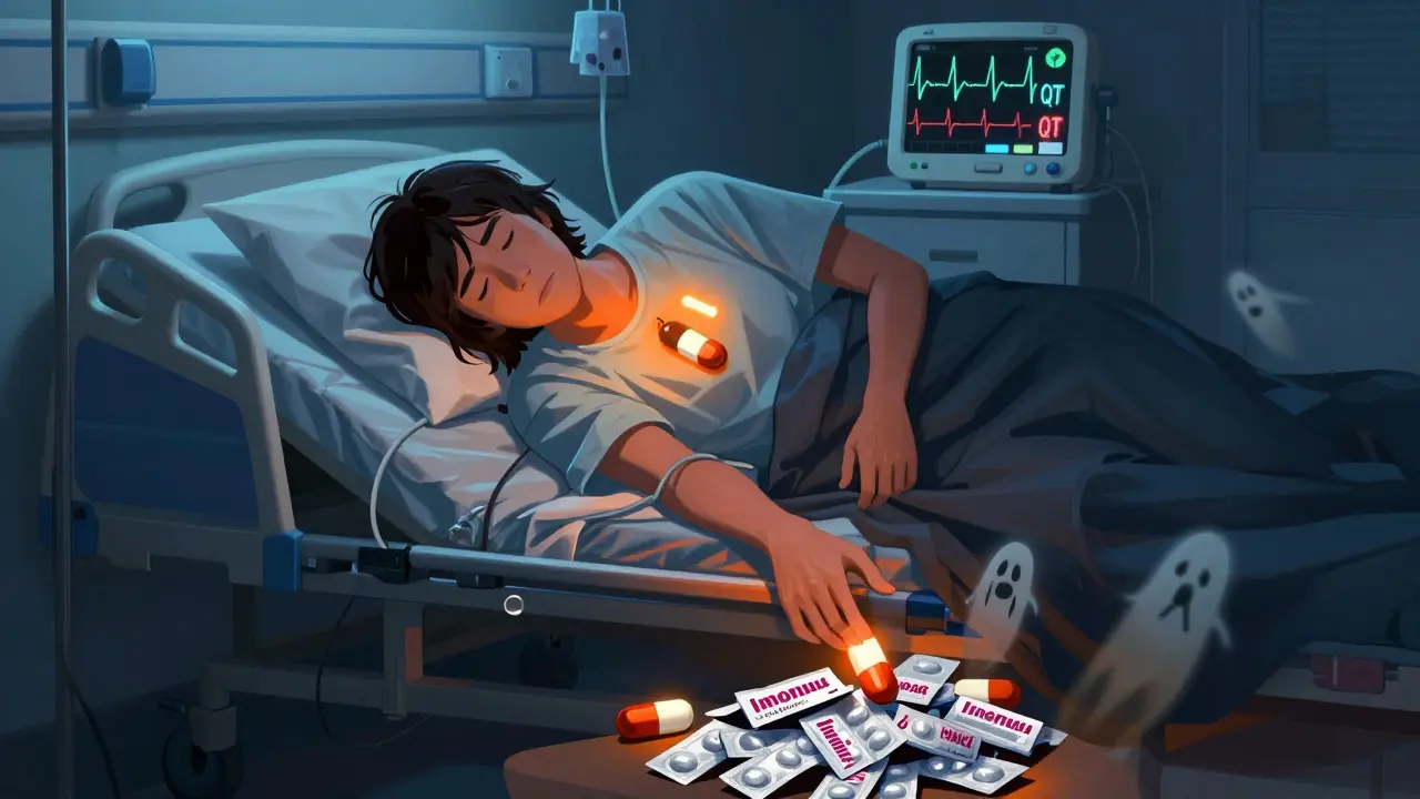 Patient im Krankenhaus mit verlängertem QT-Intervall auf EKG, leere Pillenpackungen am Boden