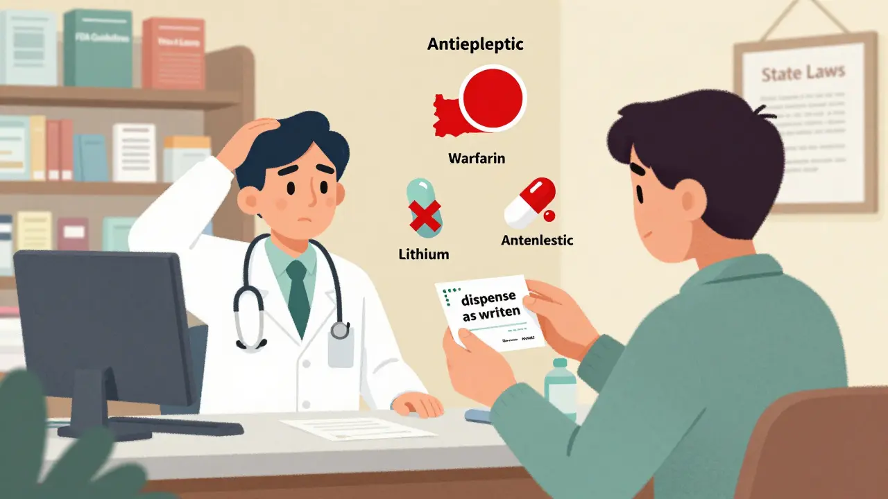 Patient mit Rezept 'dispense as written' vor Apotheke, rot markierte Medikamente in verschiedenen Bundesstaaten.