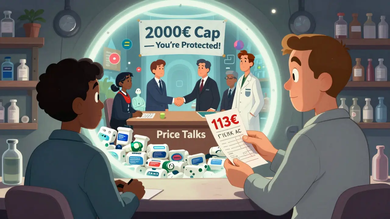 Patient vor teurer Rechnung, während eine Zukunftsvision von Preisverhandlungen und Biosimilaren erscheint.