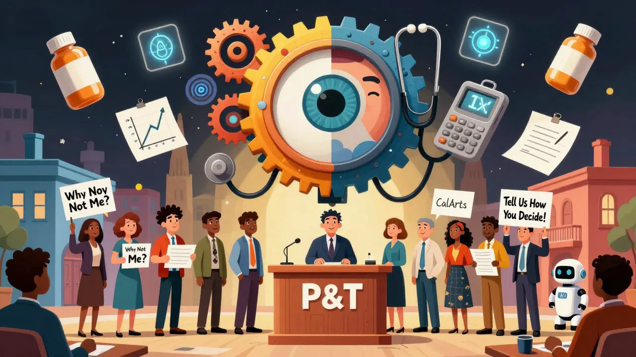 Patienten fordern Transparenz von einem abstrakten Komitee aus Rechnern und Medizin-Symbolen.