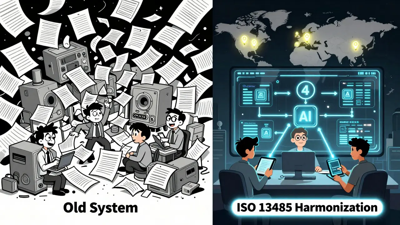 Split cartoon scene: chaotic old system vs. sleek digital ISO 13485 system with global connections and happy staff.