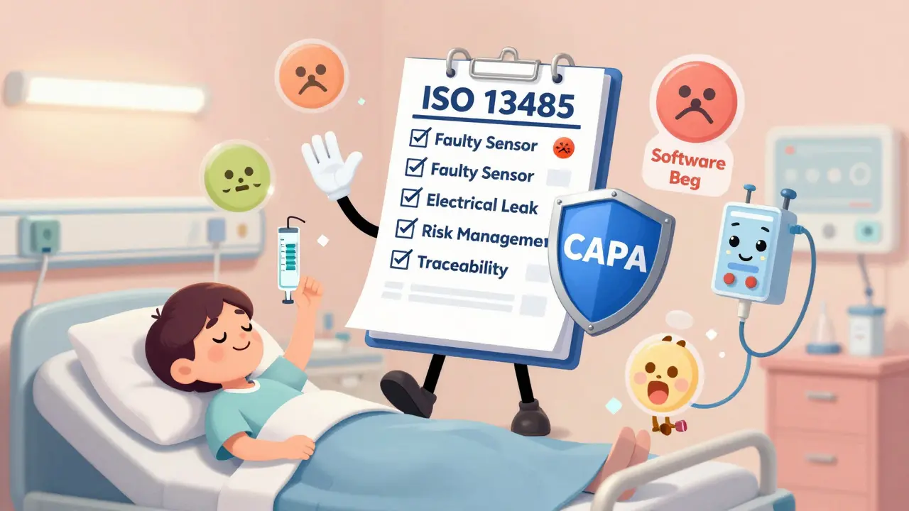 Superhero checklist protecting patients from medical device dangers, with shields labeled CAPA and Risk Management.
