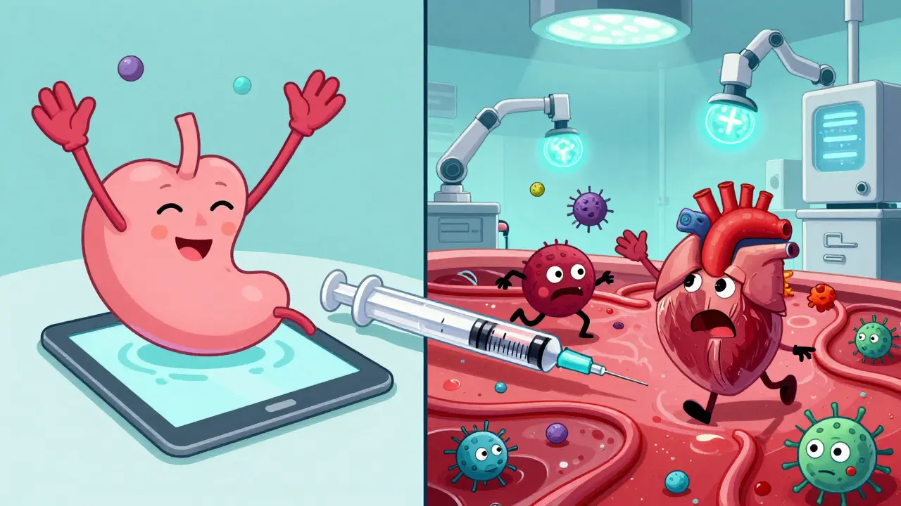 Tablet vs injection: body defends tablet but injection bypasses all barriers.