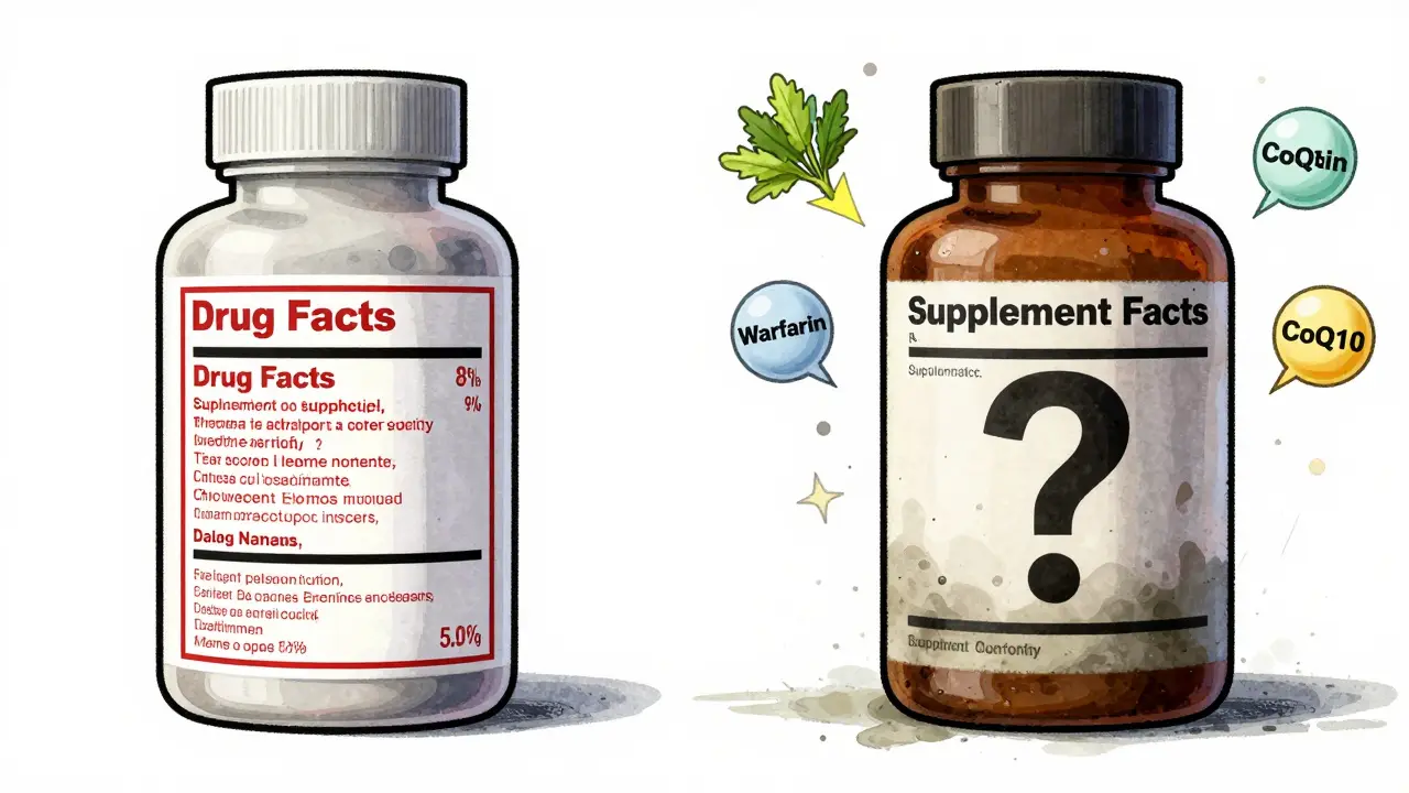 Vergleich von Medikamenten- und Supplement-Etikett mit sichtbaren Interaktionswarnungen.