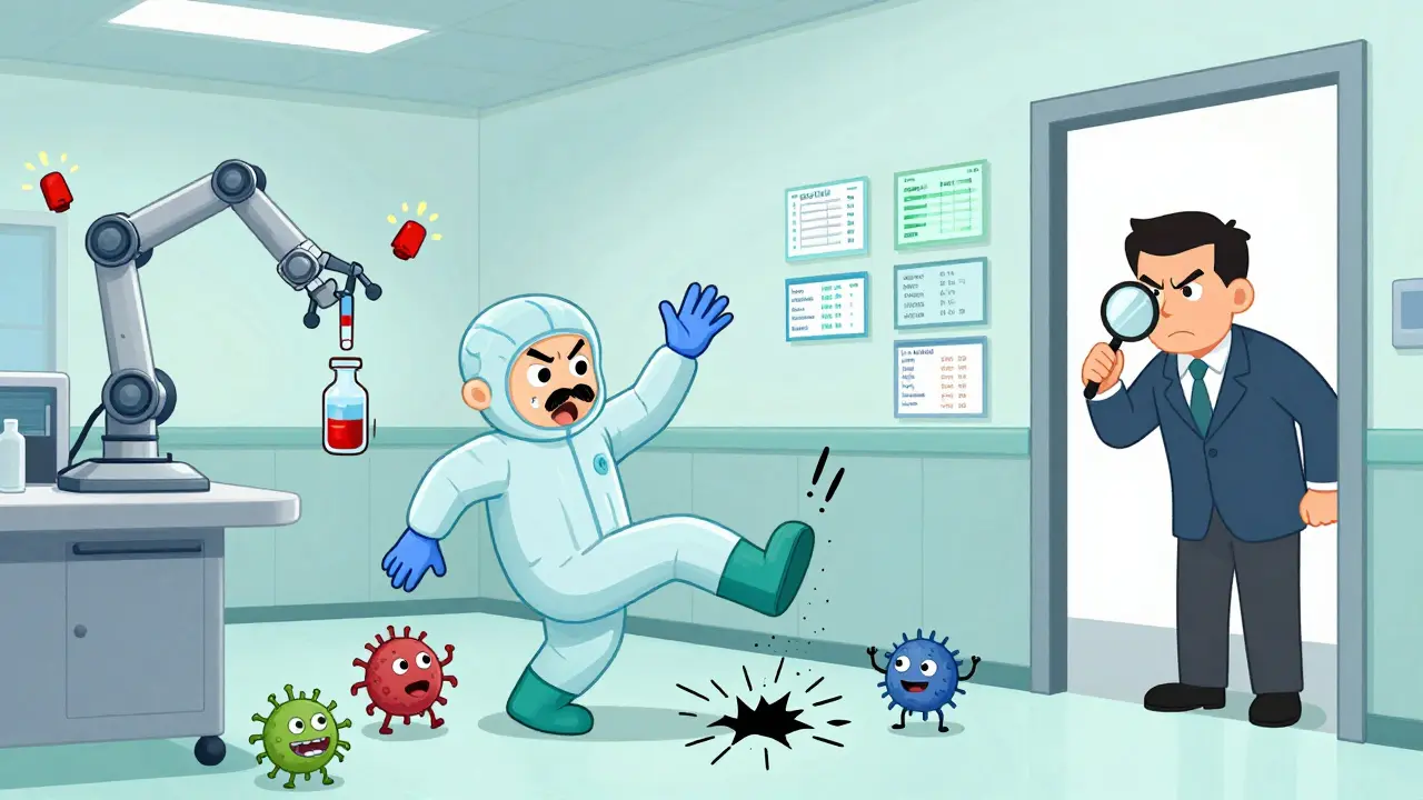 Worker trips in cleanroom, microbes sneak through a tiny leak in a vial.