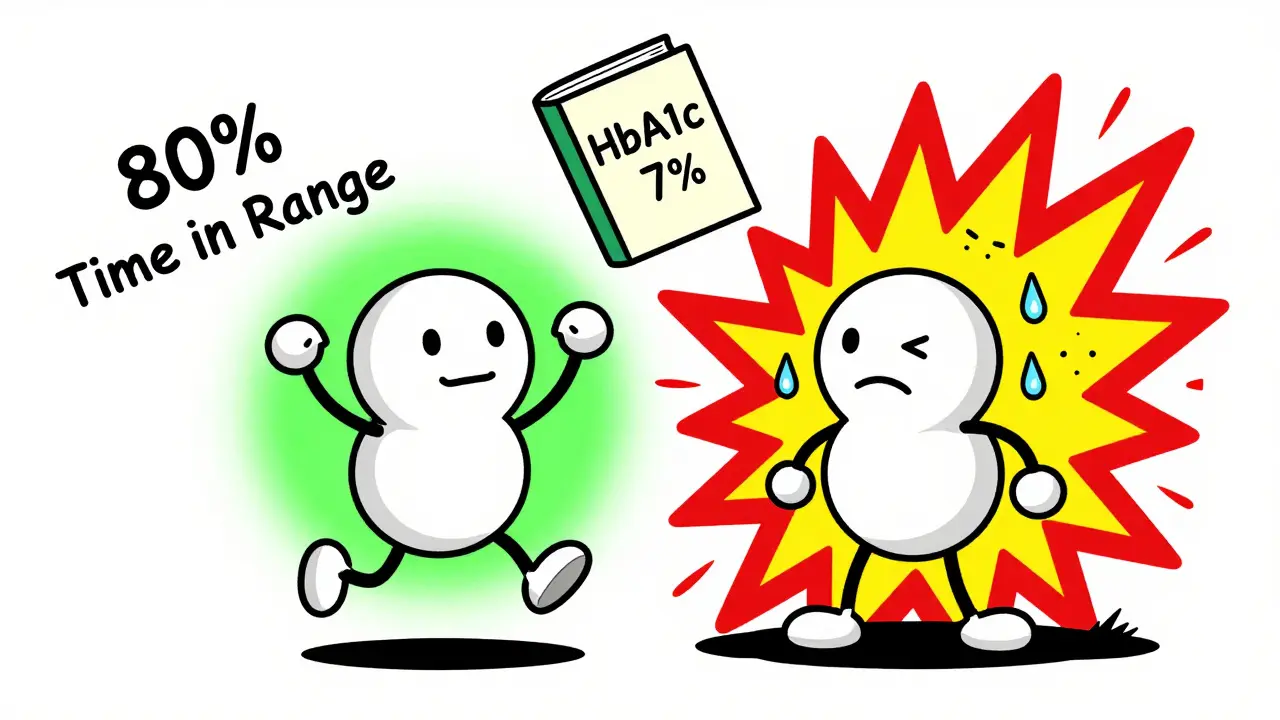 Zwei Menschen mit gleichem HbA1c-Wert, aber unterschiedlichem Blutzuckerverlauf – einer stabil, einer chaotisch.