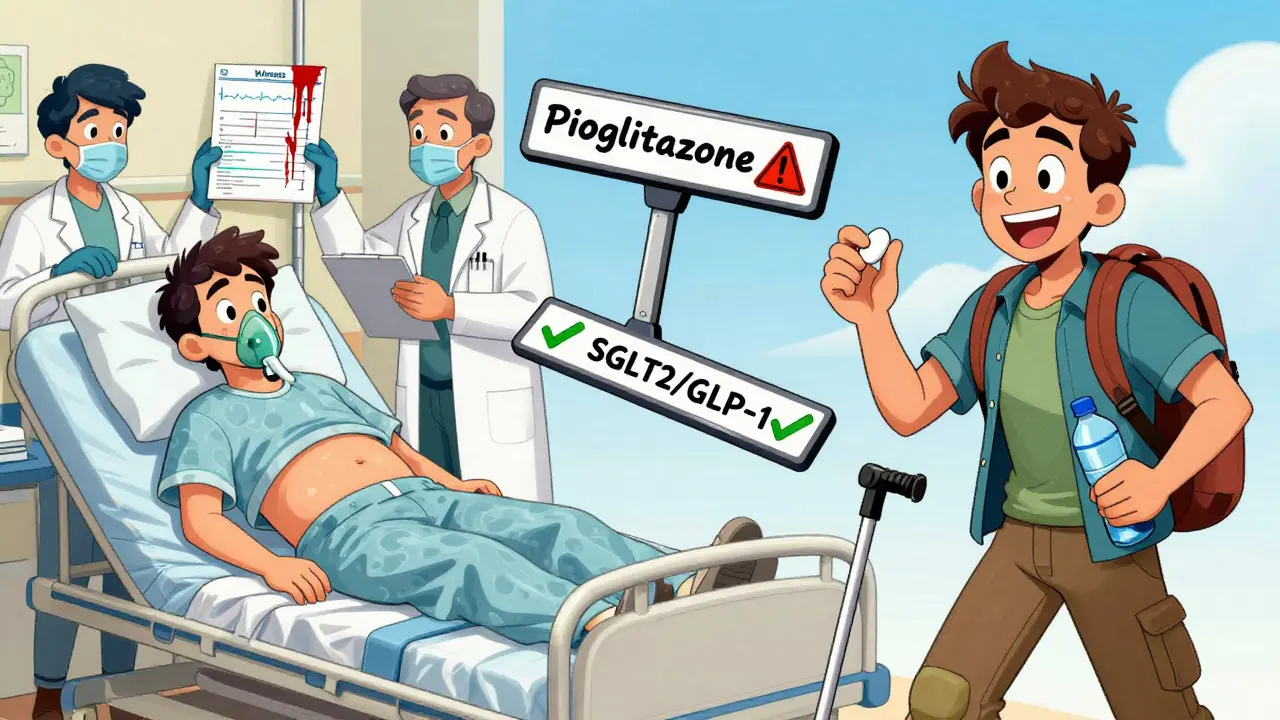 Zwei Seiten eines Patienten: eine in Krankenhausnot, die andere gesund mit besseren Diabetes-Medikamenten.