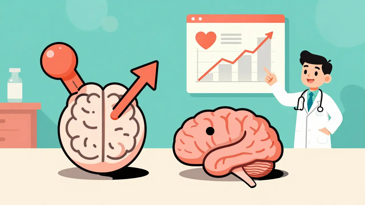 Zwei Statin-Tabletten, eine dringt ins Gehirn ein, die andere nicht, mit Herz- und Demenz-Icons.