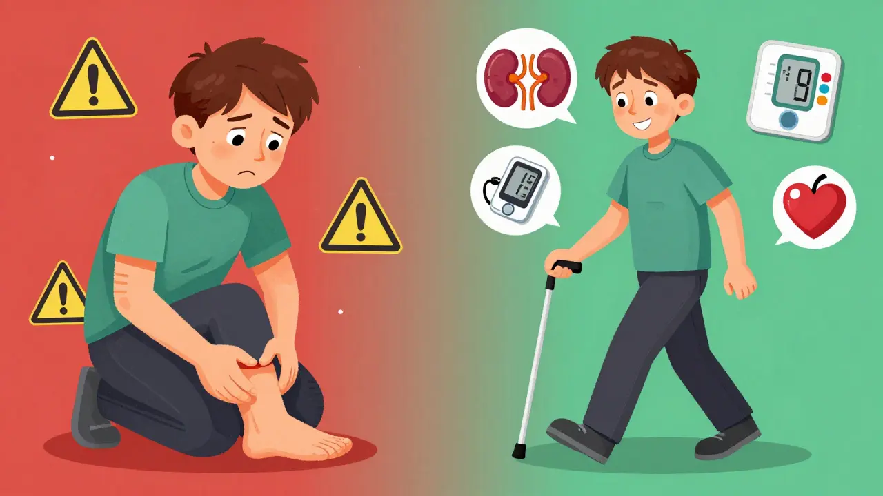 Zwei Szenen: eine mit Warnsymbolen am Fuß, eine mit gesundem Herzen und Gewichtsverlust, symbolisierend Risiko und Nutzen.