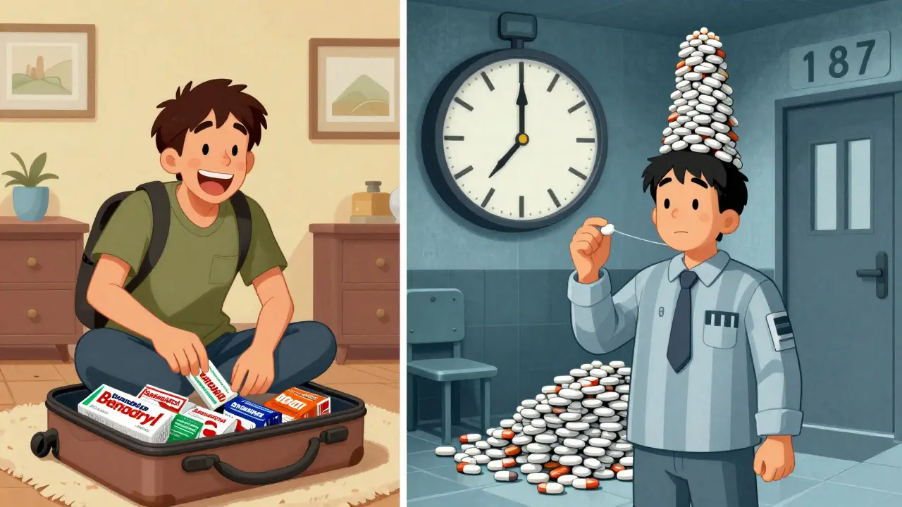 Zwei Szenen: Zu Hause packt jemand Schlafmittel ein, im Ausland sitzt er im Gefängnis.