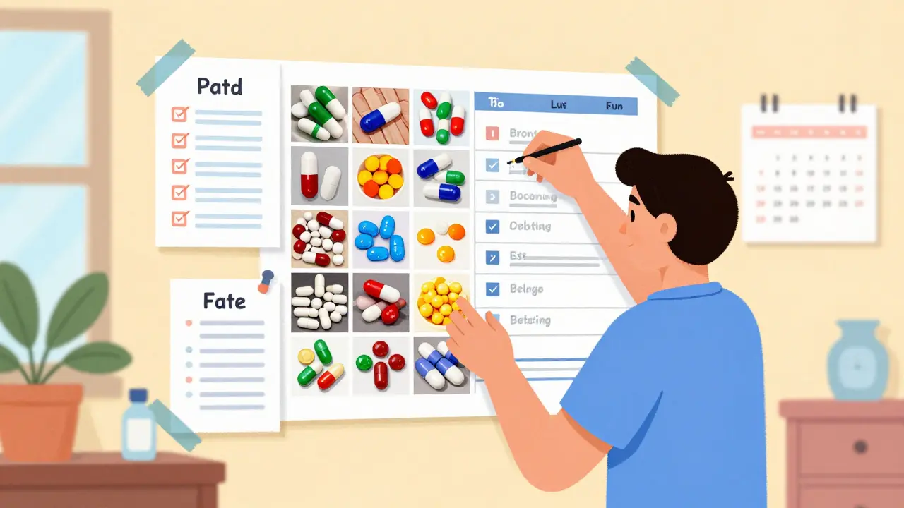 Betreuer erstellt visuellen Medikationsplan mit Tablettenfotos.