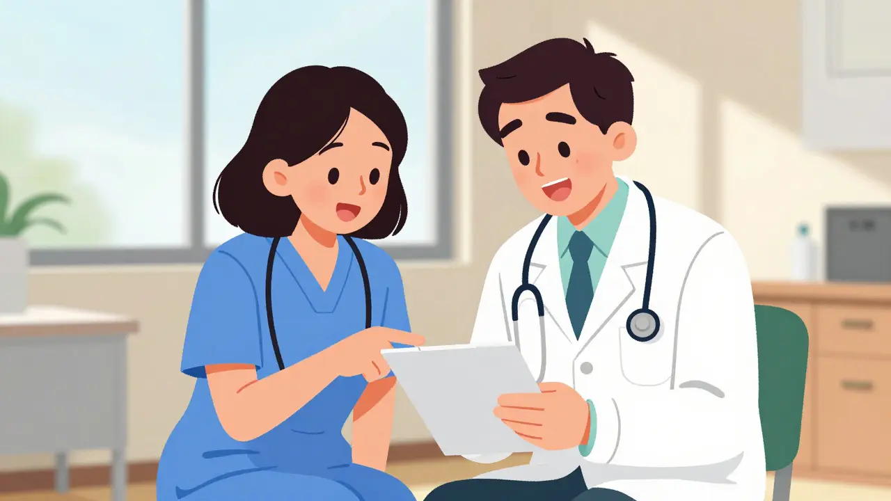 Betreuer und Arzt besprechen Rezeptdetails in Klinik.