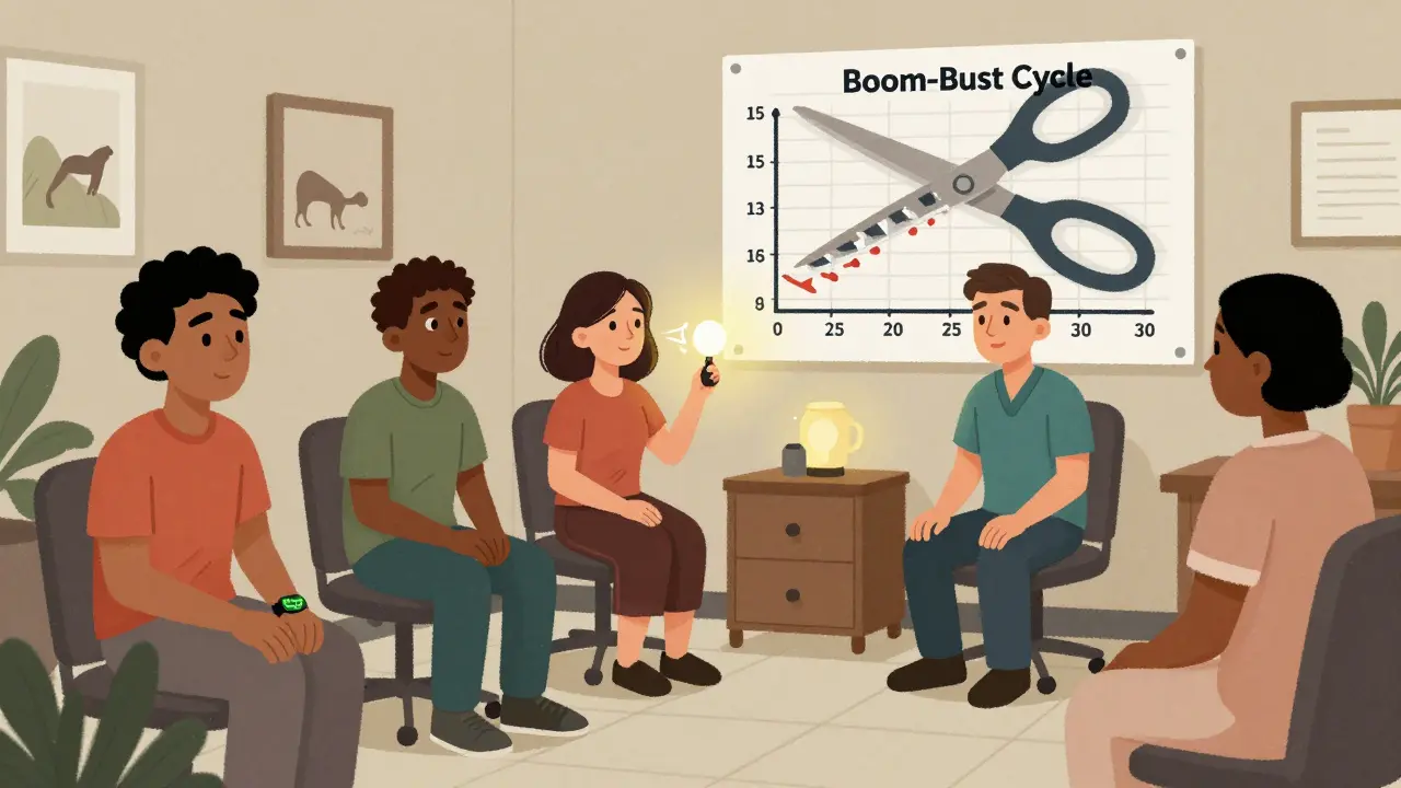 Diverse group in rehab center, smartwatch showing 70% warning, voice control in use, Boom-Bust Cycle chart being cut.