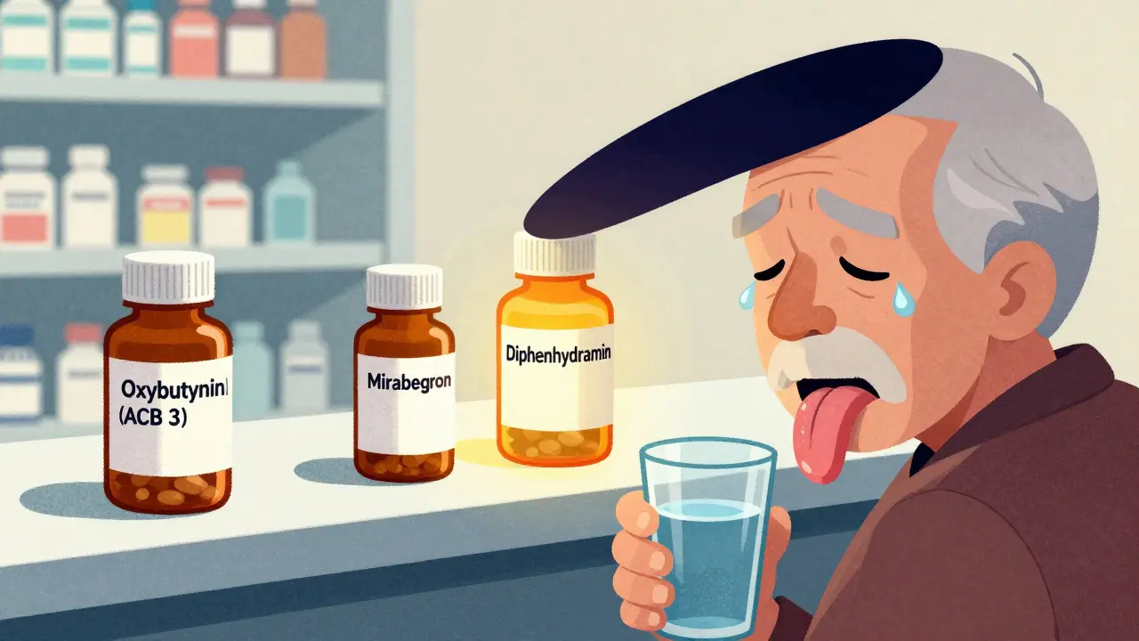 Drei Medikamentenflaschen mit unterschiedlichen Auswirkungen auf einen Patienten mit trockenem Mund.