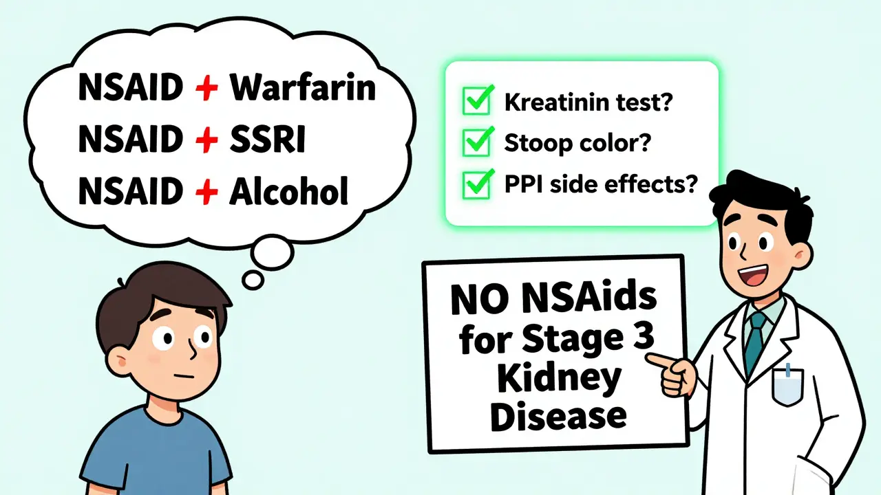 Ein Patient mit drei gefährlichen Medikamentenkombinationen, während eine Checkliste für sichere Überwachung dargestellt ist.