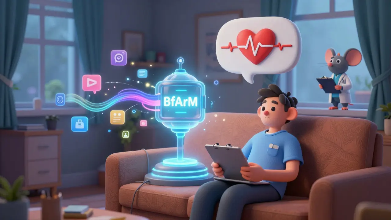 Ein Patient notiert Symptome, während Datenströme in ein Überwachungszentrum fließen.