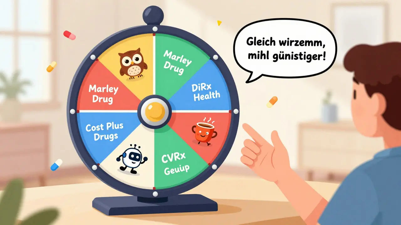 Ein Wahlrad mit Online-Apotheken-Mascots, der Patient wählt Marley Drug, CalArts-Stil.