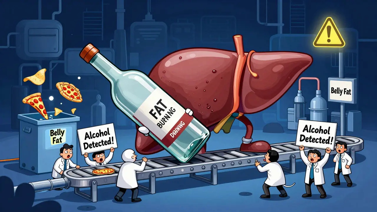 Eine leberförmige Fabrik, die durch einen Alkoholflaschenblock die Fettverbrennung stoppt, während Essen in Bauchfett gespeichert wird.