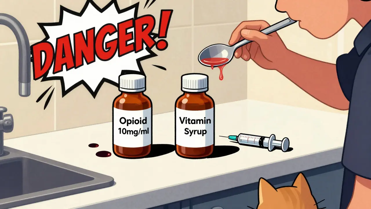 Eine Person nimmt eine flüssige Medikamentendosis mit einem Küchenlöffel, während eine Flasche mit ähnlicher Flüssigkeit danebensteht.