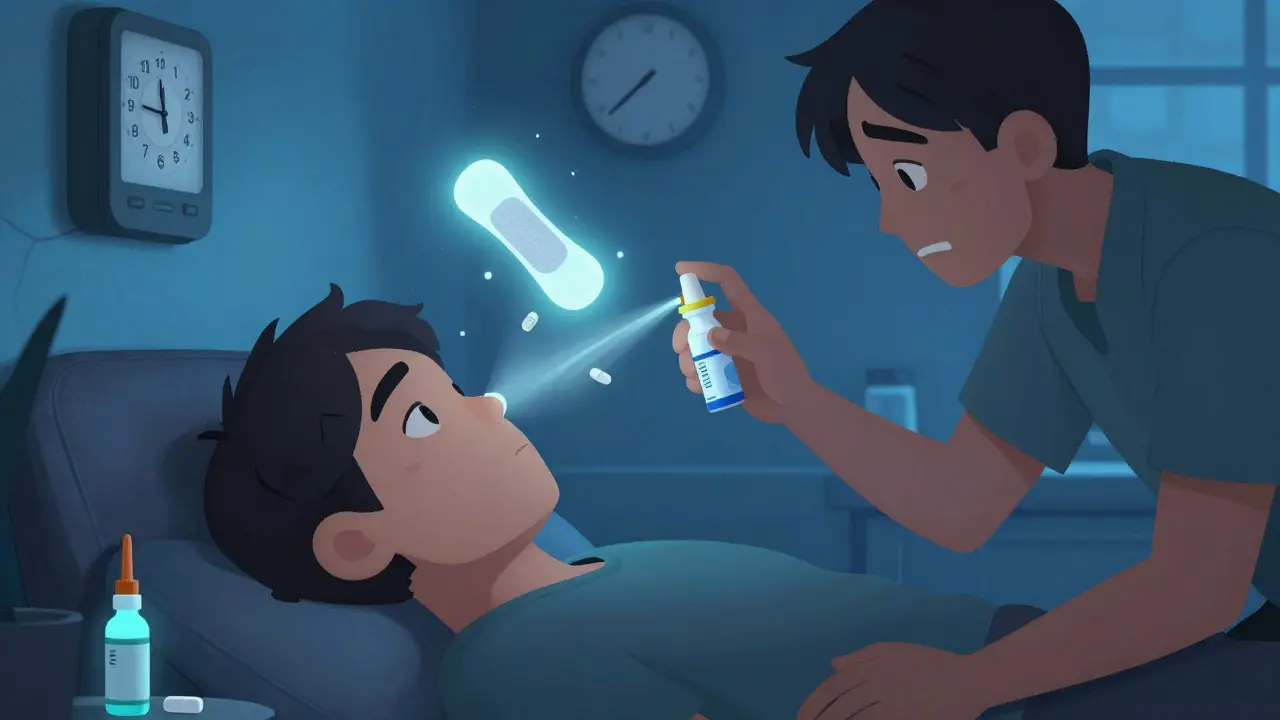 Eine Person sprüht Naloxon in die Nase eines bewusstlosen Menschen, während Fentanyl-Pflaster und -Tabletten als Geister über ihnen schweben.