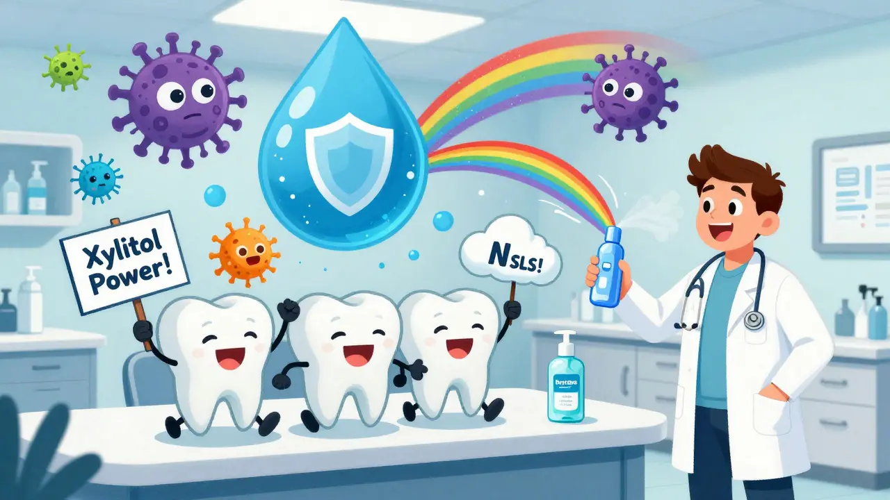 Fröhliche Zahnklinik mit tanzenden Zähnen, Biotène-Flasche und Wolken-Humidifier, während Bakterien als Monster abgewehrt werden.