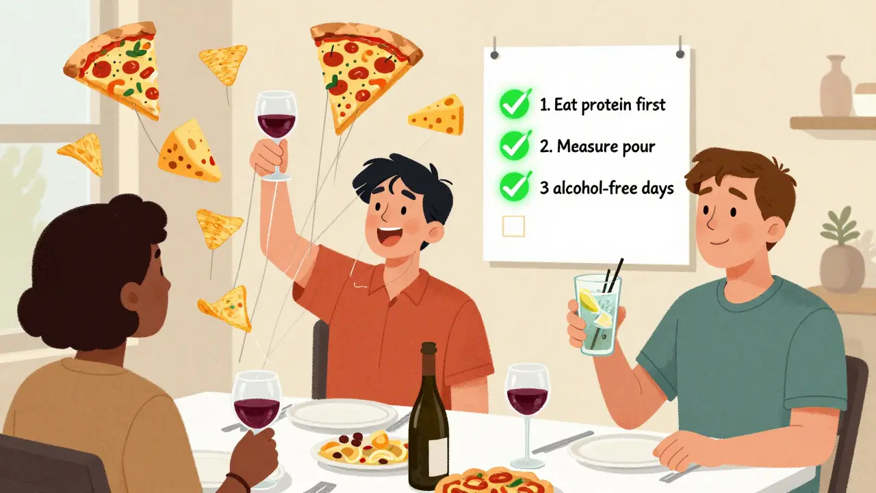 Jemand auf einer Party, der von ungesunden Snacks angezogen wird, während eine bewusste Version mit gesundem Drink und Checkliste dasteht.